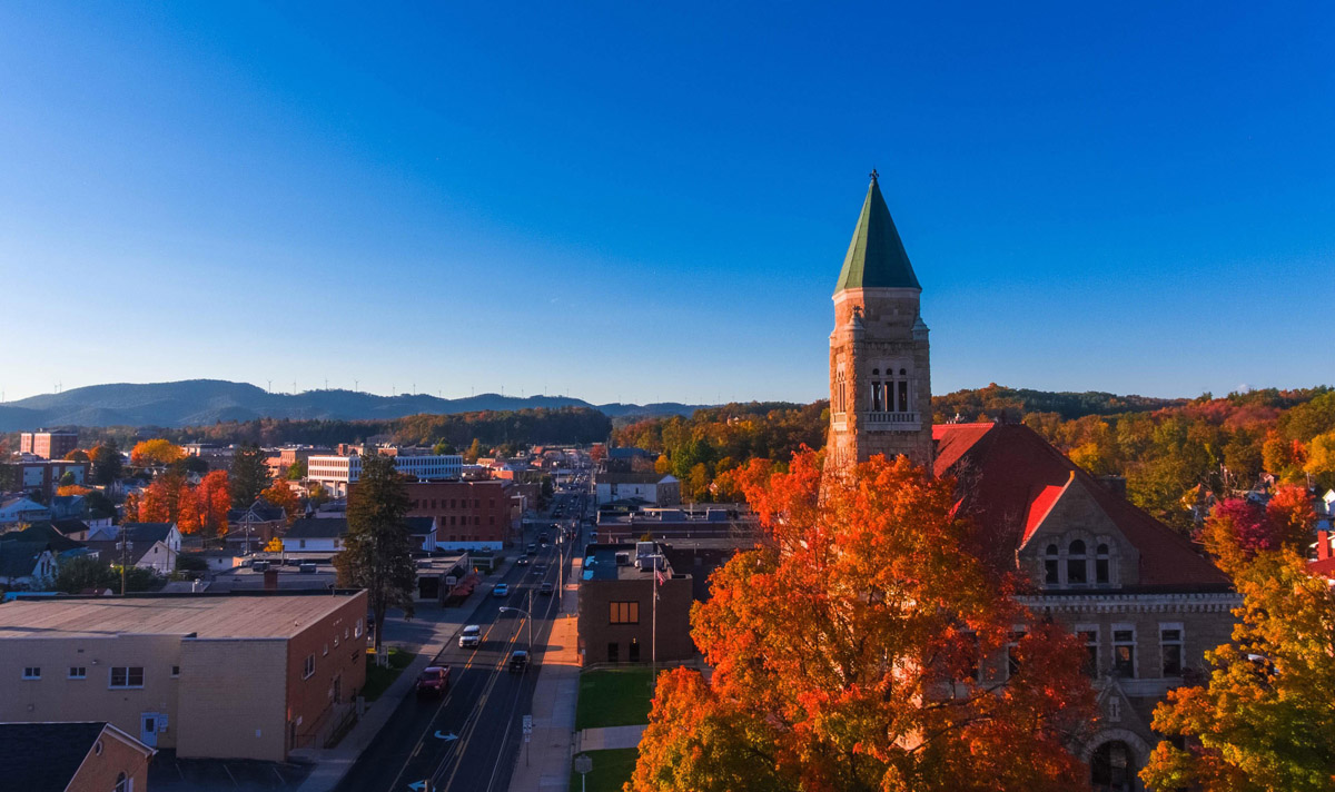 Downtown Elkins with fall colors and the Randolph County Courthouse