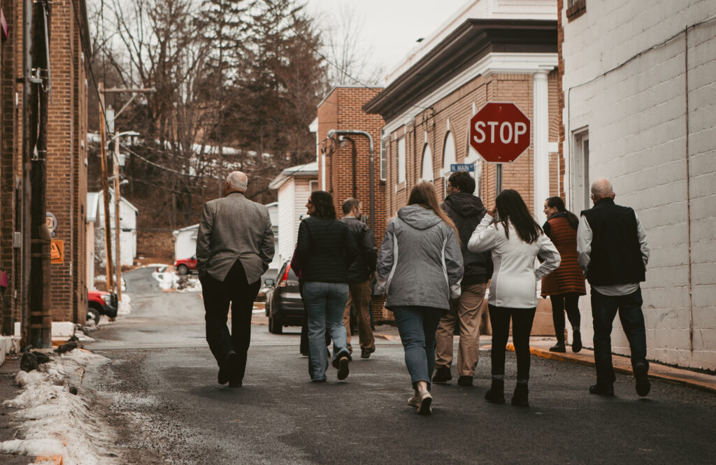Mon Forest Towns Reps walking in downtown Franklin after Quarterly Meeting with members of the Seneca Rocks Development Authority
