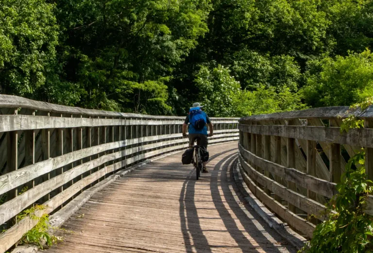 Man on bike rides across wooden rail trail bridge