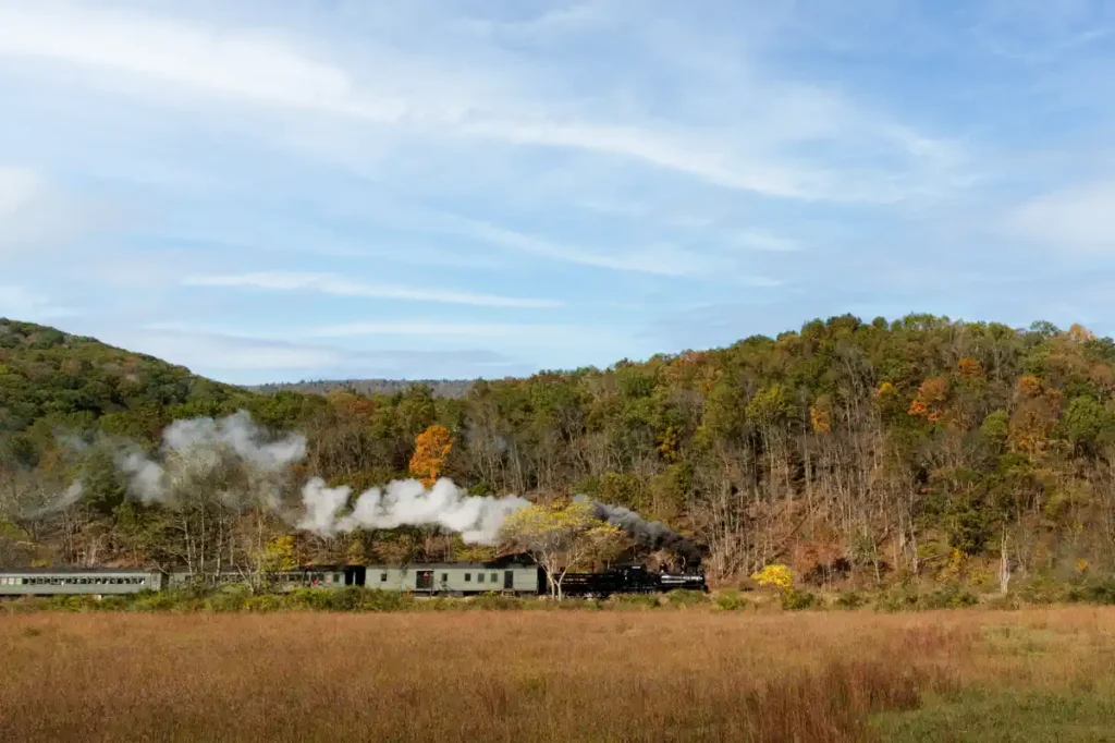 The Cass Scenic Railroad steam train chugs through a scenic autumn landscape, releasing white smoke. The background features colorful trees and a clear blue sky.