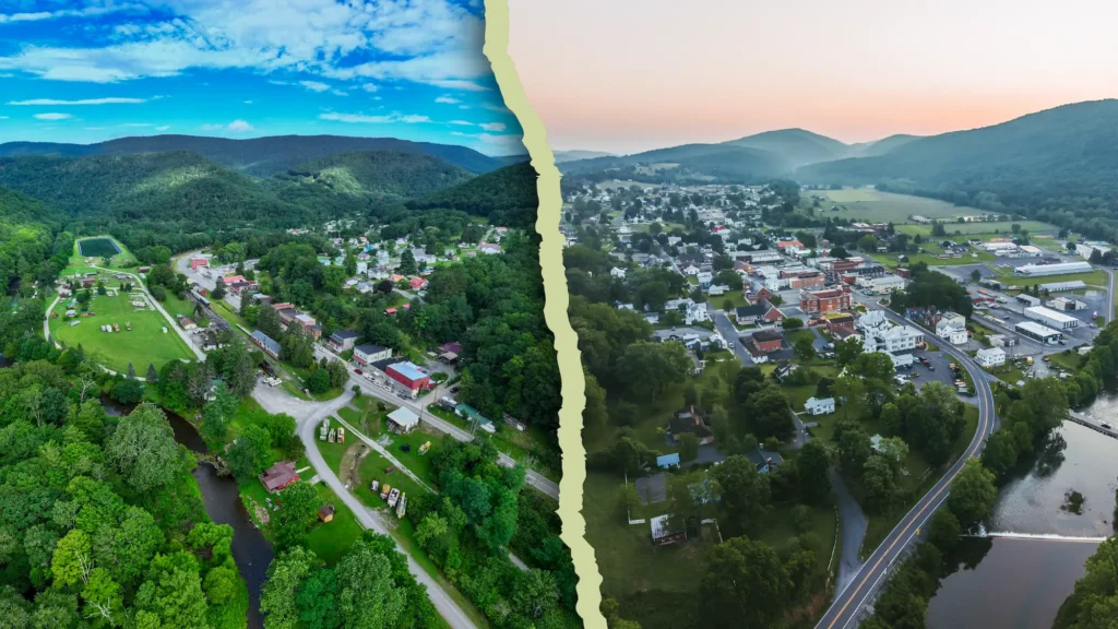 A split-screen aerial view showing two West Virginia towns nestled in a mountain valley, with a bright daytime scene on the left and a soft, sunset-lit scene on the right.