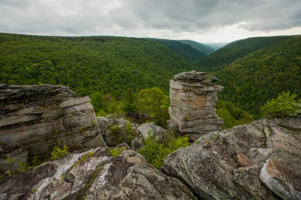 Rugged rock ledge with a stacked stone pillar overlooking a green forested canyon under cloudy skies.