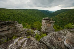 Lindy Point - Mon Forest Towns - Mon Forest Towns Rugged rock ledge with a stacked stone pillar overlooking a green forested canyon under cloudy skies.