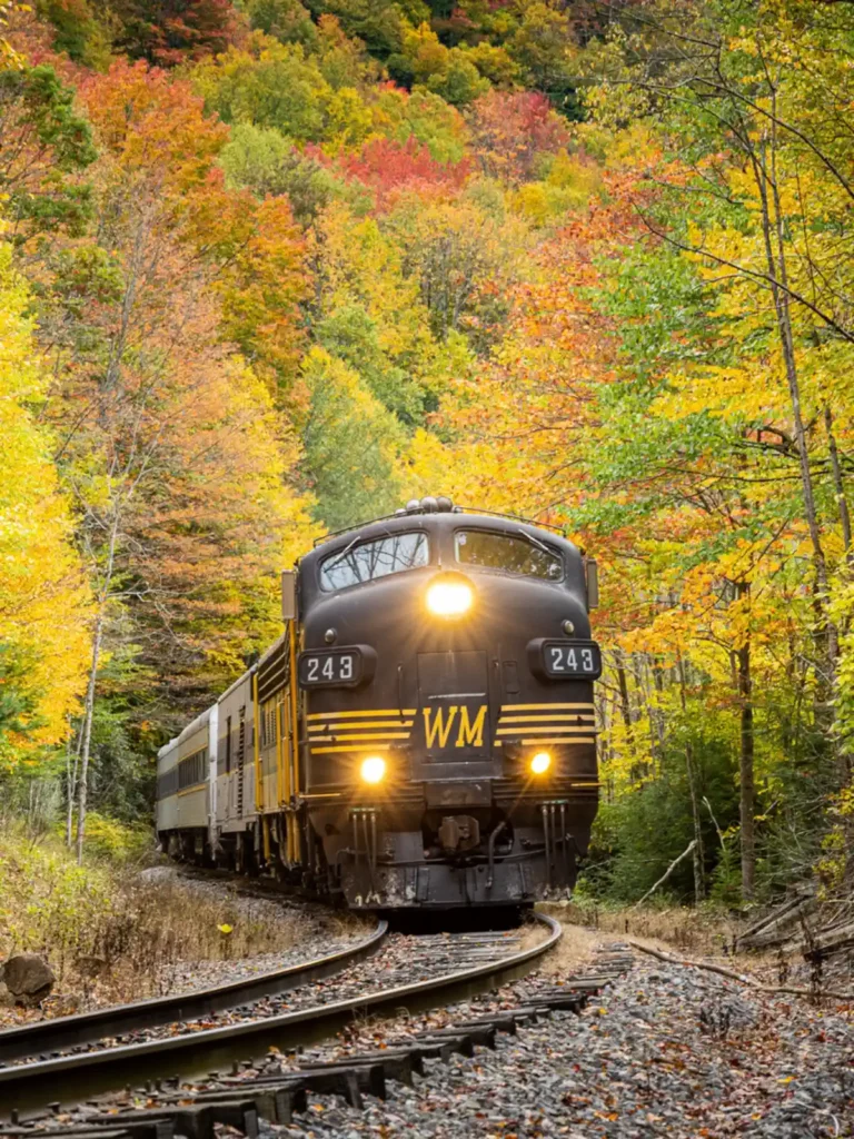 Scenic Railroad train passes through a West Virginia mountain valley brimming with fall color