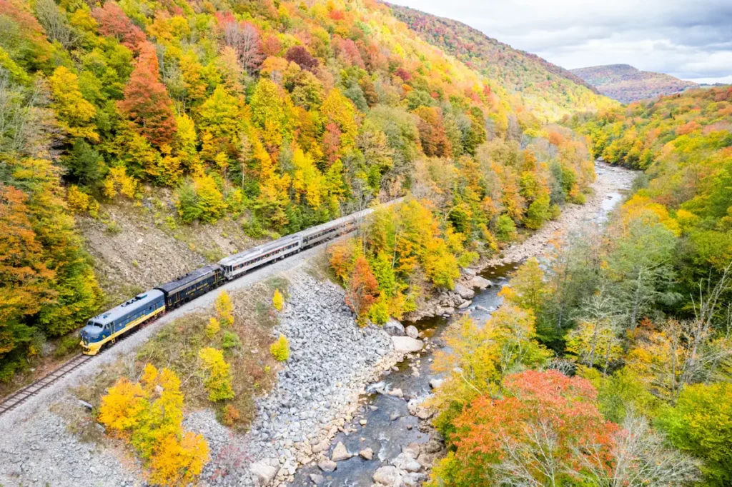 A scenic train travels through a vibrant autumn landscape, surrounded by colorful trees on a hillside, with a river flowing alongside under a cloudy sky.